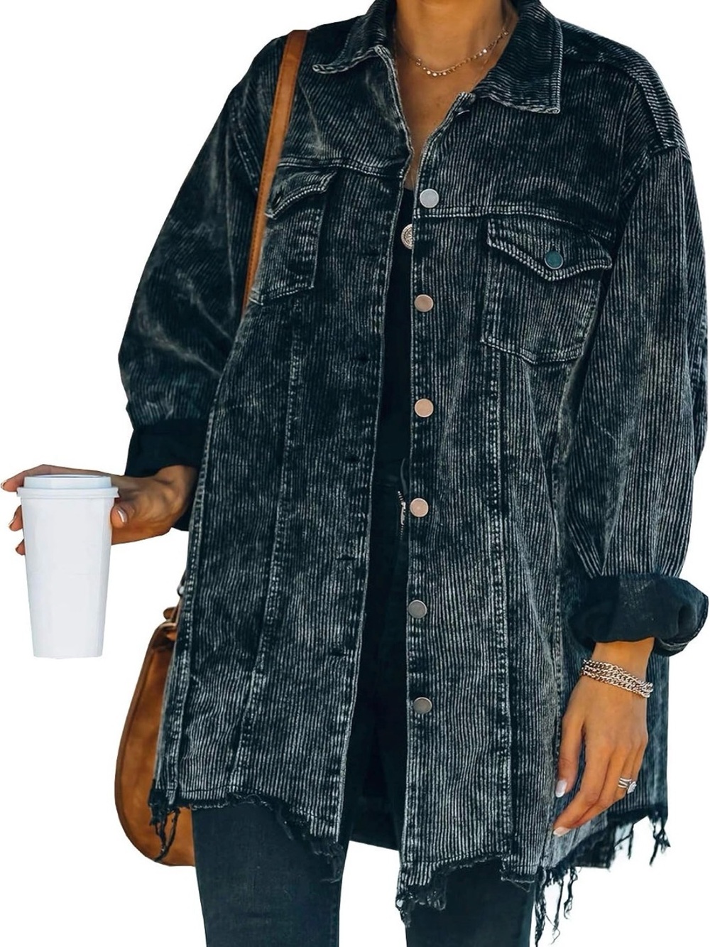 Black Corduroy Oversized Shacket Jacket Size XL Distressed